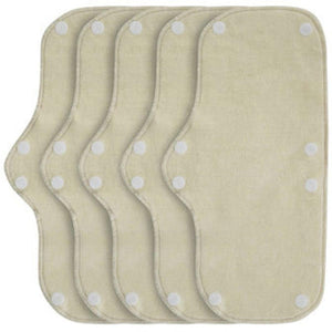 Five beige reusable cloth menstrual pads with white snap fasteners