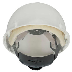 Interior view of white hard hat with adjustable suspension system and sweatband