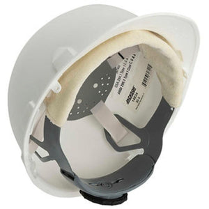 Interior view of a white Jackson hard hat with adjustable suspension and sweatband