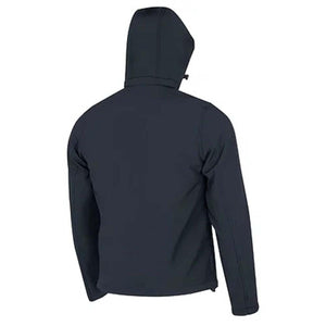 Back view of a black Pioneer hooded softshell jacket