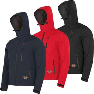 Three Pioneer heated softshell jackets in navy red and black with hoods
