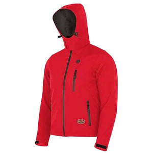 Pioneer red hooded softshell jacket with front zipper and chest pocket