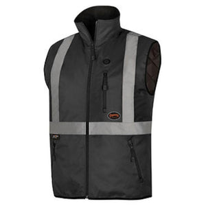 Pioneer black quilted safety vest with reflective stripes and zippered pockets