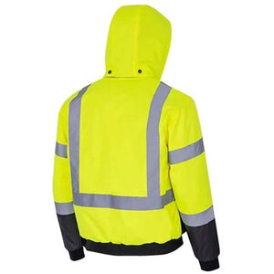 Back view of Pioneer high visibility yellow safety jacket with reflective stripes and black cuffs