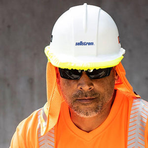 Pioneer hard hat with neck shade and safety glasses