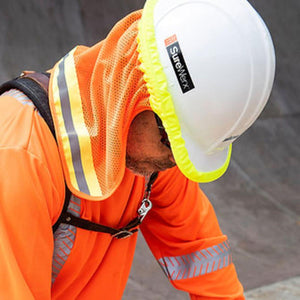 Pioneer hard hat neck shade in orange with reflective trim worn on a white hard hat