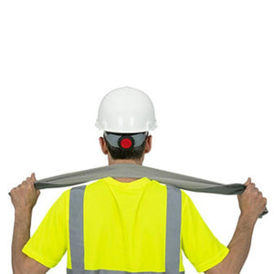 Worker in high visibility shirt and hard hat holding cooling towel around neck