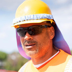 Construction worker wearing a yellow hard hat with a neck shade and protective safety glasses