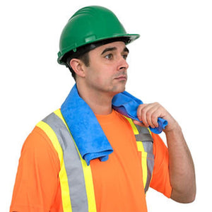 Worker wearing a Pioneer green hard hat and orange safety vest with a blue cooling towel around their neck