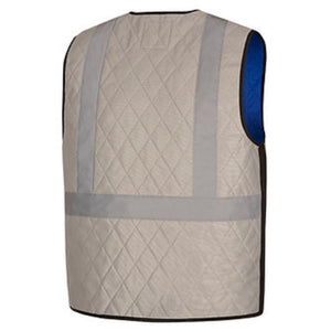 Back view of a beige quilted safety vest with reflective strips