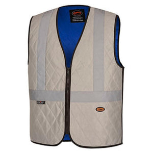Pioneer beige quilted safety vest with reflective stripes and blue interior lining