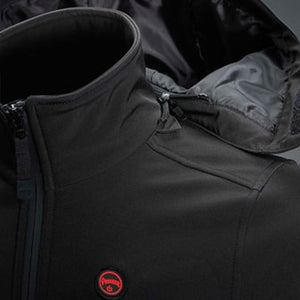 Close up of black Pioneer heated jacket collar and hood