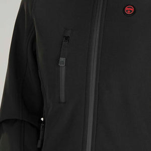 Close up of Pioneer black softshell jacket chest with vertical zippered pocket and brand logo