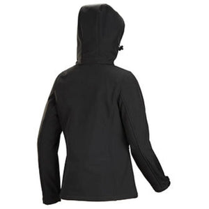 Back view of a black Pioneer hooded softshell jacket