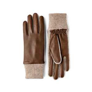 Hestra brown leather gloves with beige ribbed wool cuffs