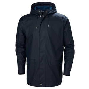 Helly Hansen navy blue waterproof hooded raincoat with front pockets and snap button closure