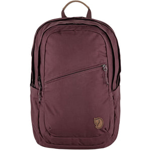 FjallRaven burgundy backpack with a diagonal front zipper pocket and top handle