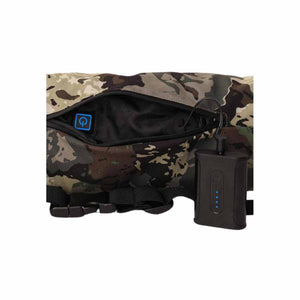 Camo pattern heated hand warmer with power bank connected to internal port