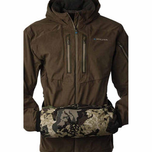 Pnuma brown hooded jacket with a camouflage hand warmer muff