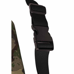 Black plastic side release buckle on adjustable nylon strap attached to camouflage fabric