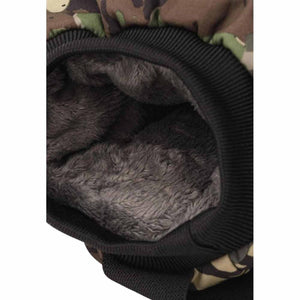 Close up of camouflage jacket sleeve with black ribbed cuff and grey faux fur lining