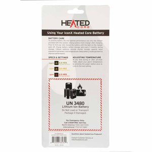 Heated Core IconX battery care and safety instructions card with temperature settings and emergency contact information