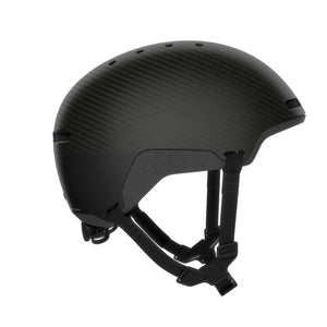 Black POC cycling helmet with carbon fiber texture side view