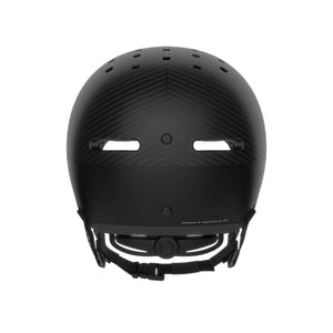 Back view of a black POC cycling helmet with ventilation holes and adjustable dial