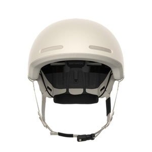 Interior view of a beige POC helmet showing the adjustable fit system and chin strap