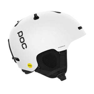 White POC Fornix Mips ski helmet with black ear pads and branding