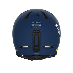 Rear view of a blue POC ski helmet showing technical specifications and goggle clip