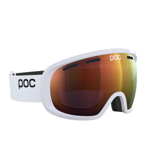 POC white ski goggles with orange mirrored lens