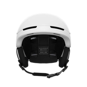 White POC Obex ski helmet rear view showing size adjustment strap and interior padding