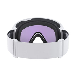 POC ski goggles with white frame and strap and purple lens