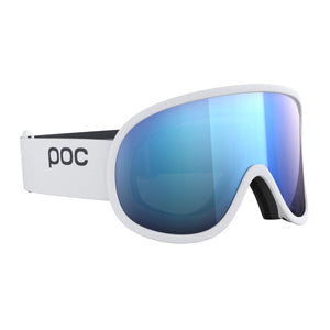 POC ski goggles with white frame and blue mirrored lens