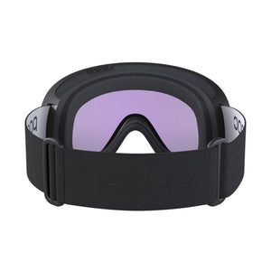 POC ski goggles with black frame and strap and light purple lens