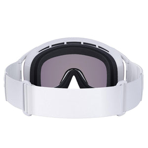 POC white ski goggles with grey lens and white strap