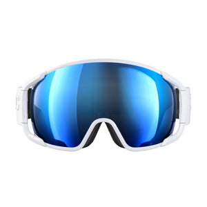 POC ski goggles with white frame and blue mirrored lens