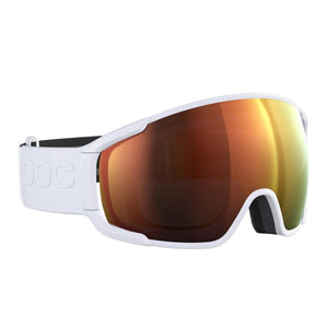 POC white ski goggles with orange mirrored lens