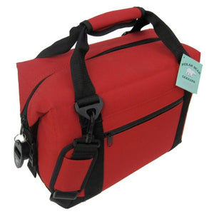 Red Polar Bear Coolers soft cooler bag with black handles and shoulder strap