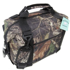 Polar Bear Coolers soft sided camo cooler bag with black straps and zipper