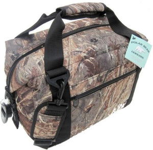 Polar Bear Coolers camo soft cooler bag with black straps and zipper
