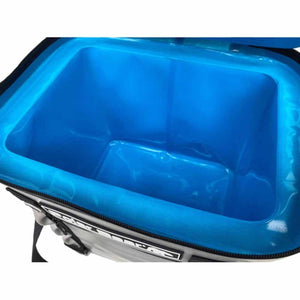 Interior view of an open cooler with a bright blue plastic liner