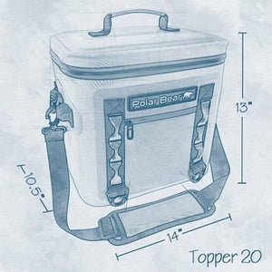 Polar Bear Topper 20 cooler technical sketch with dimensions 13 inches high 14 inches wide and 10.5 inches deep