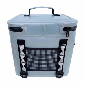 Light grey soft sided cooler with black zipper and mesh front pocket