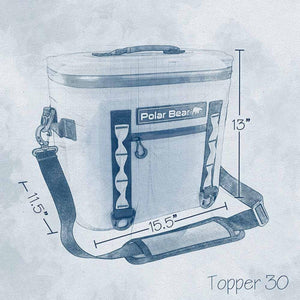 Polar Bear Topper 30 cooler dimensions showing 15.5 inch width 13 inch height and 11.5 inch depth