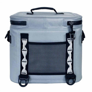 Grey soft sided cooler bag with black handle and mesh front pocket