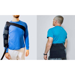 Person wearing a black shoulder brace and a black lumbar support belt