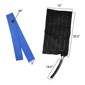 Diagram showing dimensions of a black therapy pad and blue strap