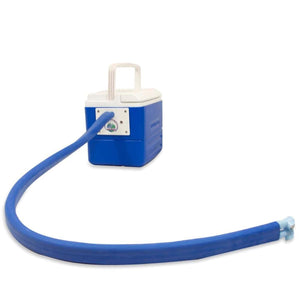 Polar Products blue and white portable cooler with attached blue hose